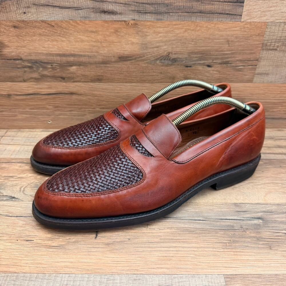 Allen Edmonds Carlsbad Penny Loafers 12B Cognac Tan Woven Leather Dress Shoes